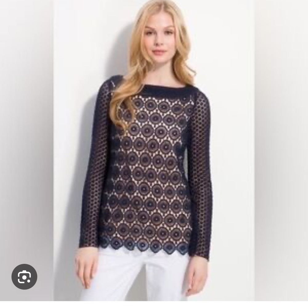 Tory Burch Janeen Crochet Lace Top Navy  Long Sleeve Blouse